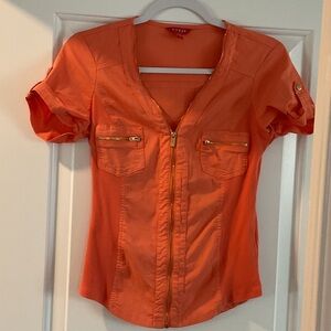GUESS Orange Short Sleeve Zip-Front Shirt